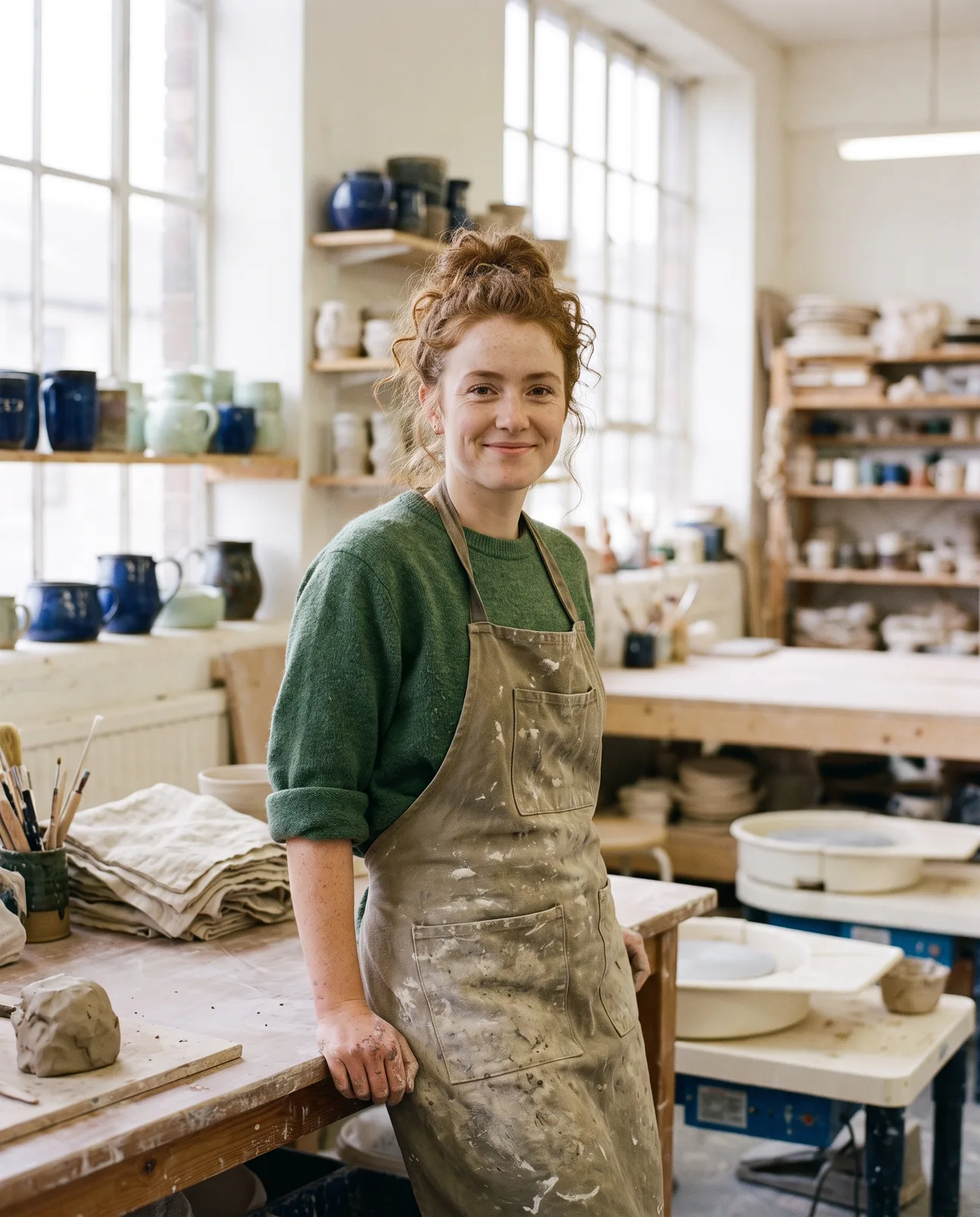 Clara Byrne, studio teacher, in a clay-dusted apron