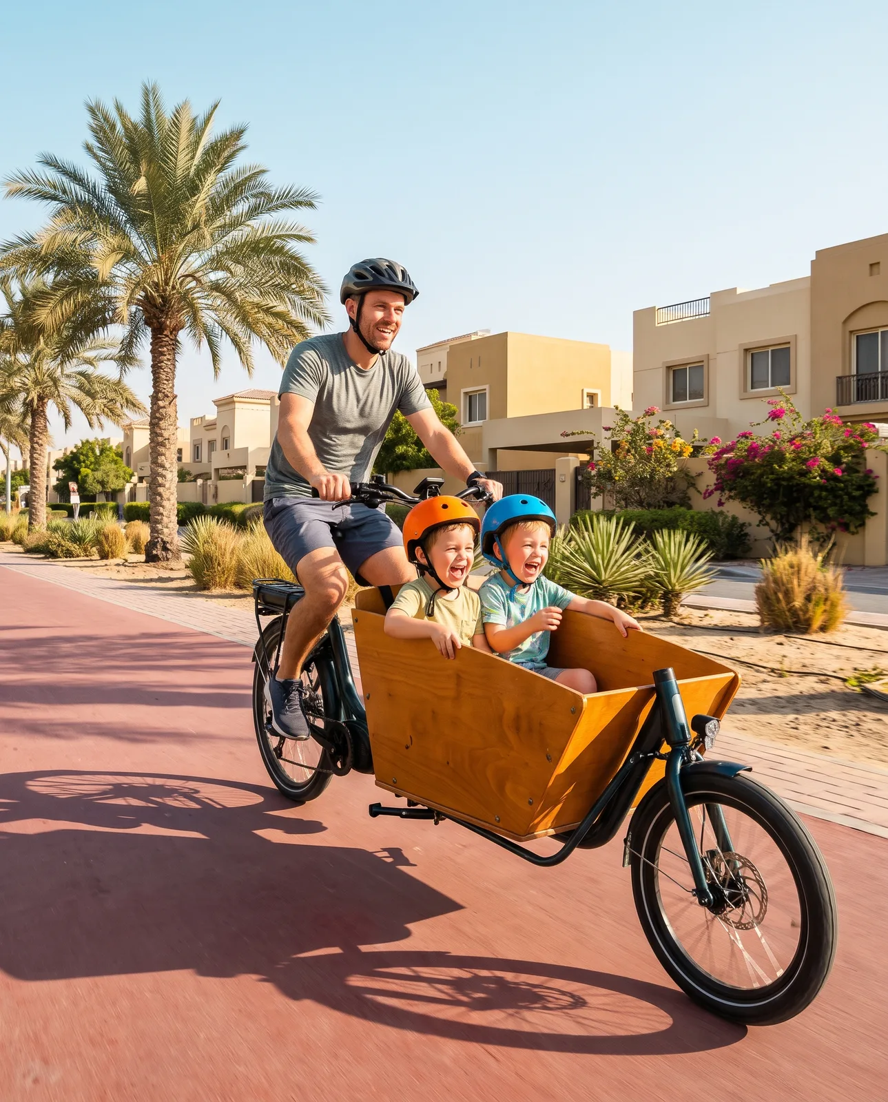 Parent riding an electric cargo bike with two children in the box