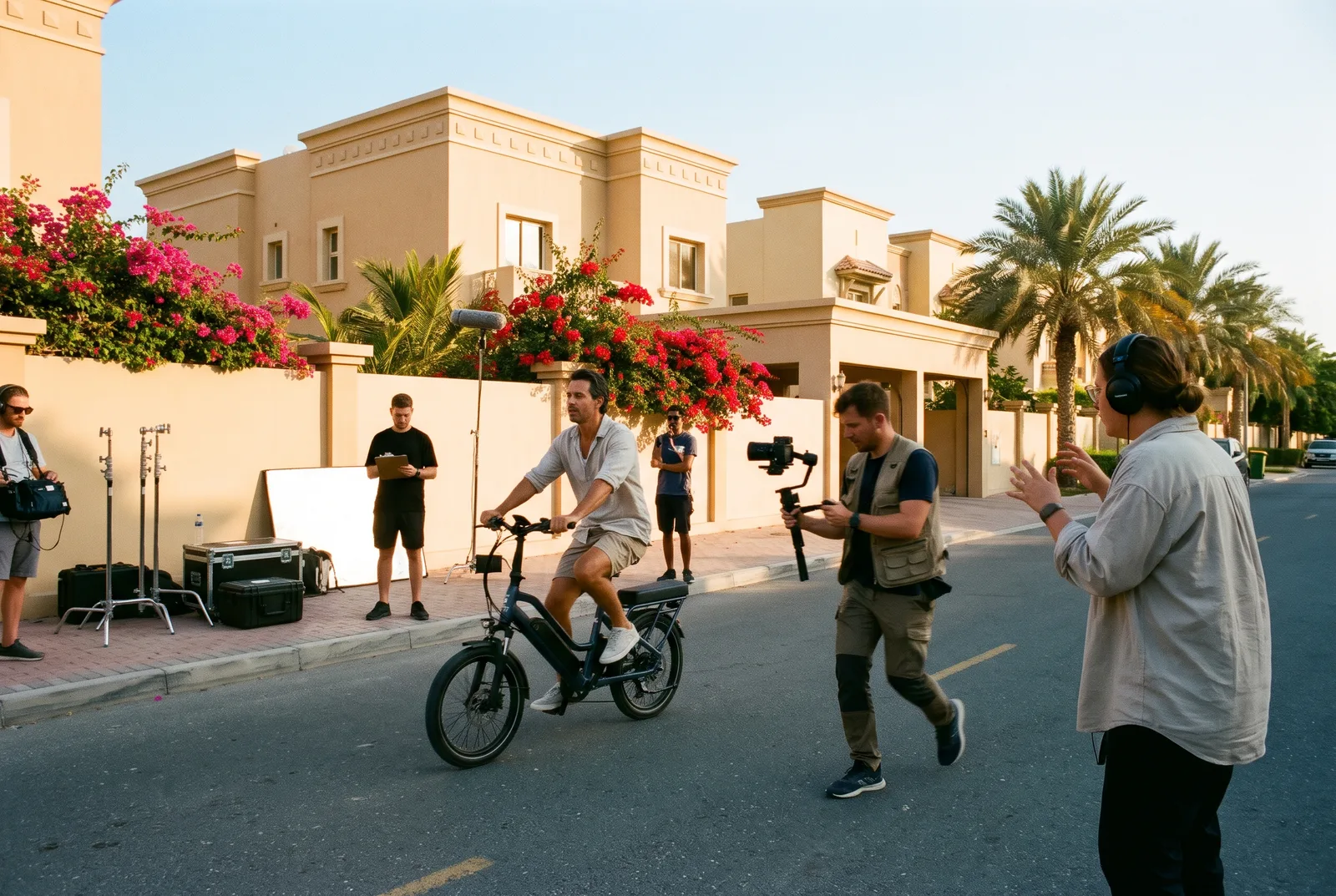 Film crew tracking a rider on an electric bike down a palm-lined villa street