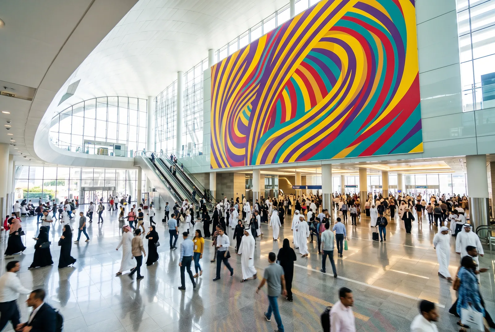 Huge colourful abstract poster above a busy Dubai Metro concourse