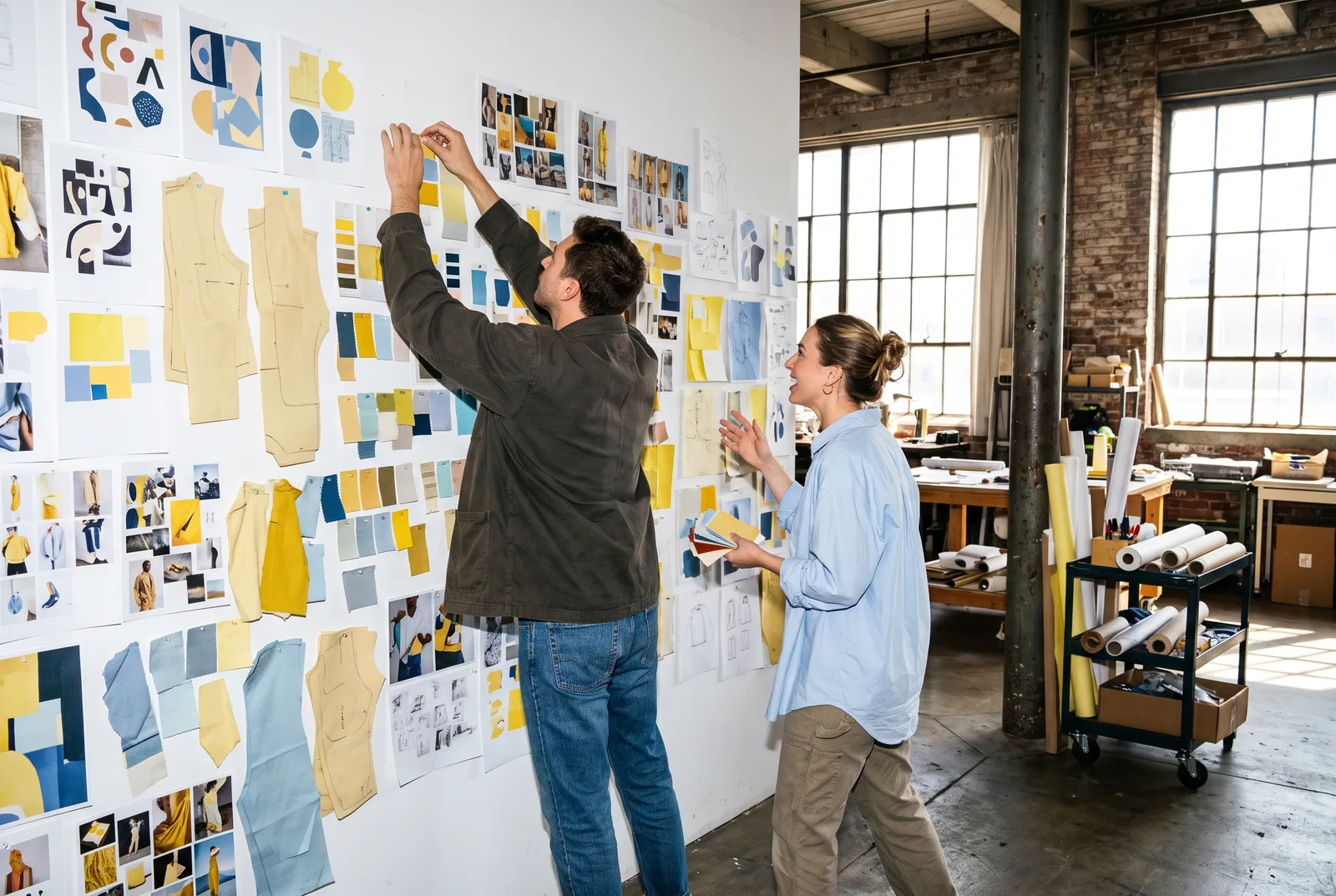 Designers pinning printed logo sketches to a studio wall