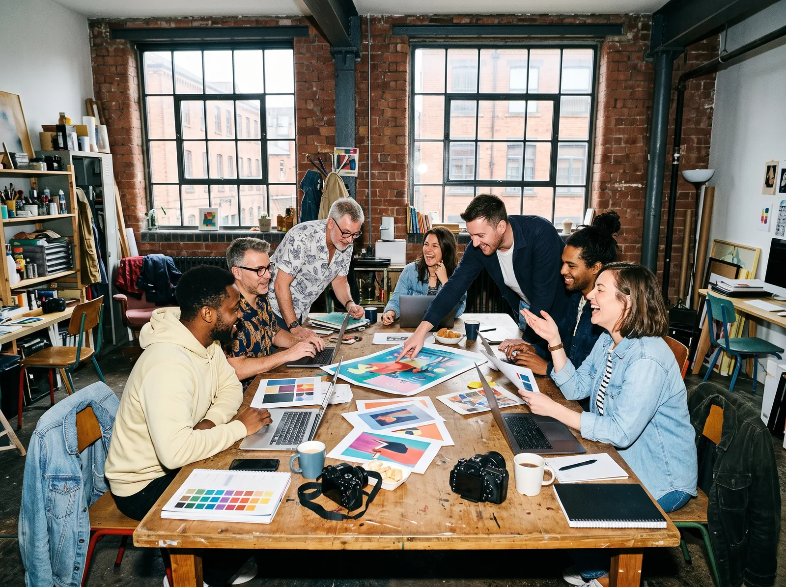 The Loud Hours team around a big table covered in printed posters