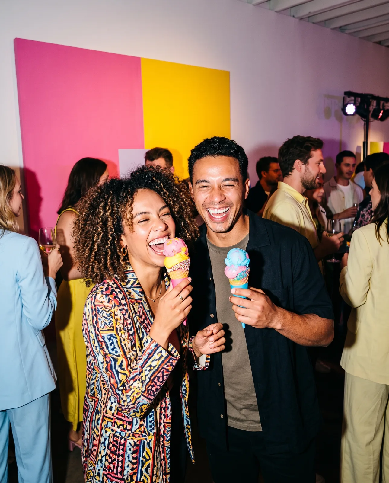 Friends laughing with ice cream cones under bright flash