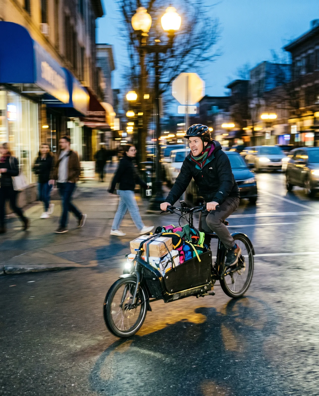 Cargo bike rider speeding through a city street at dusk