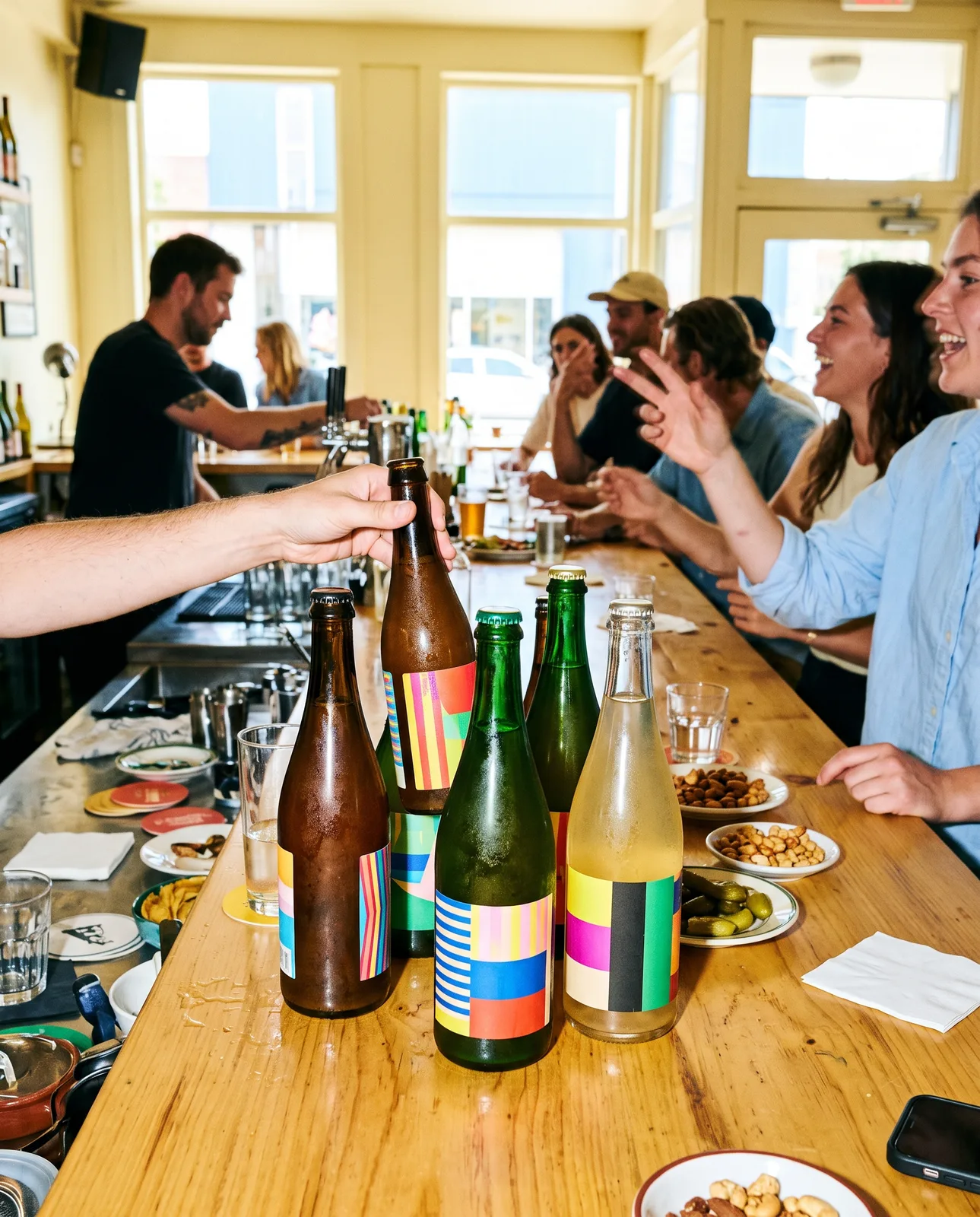 Kombucha bottles with bold colourful labels on a busy café counter