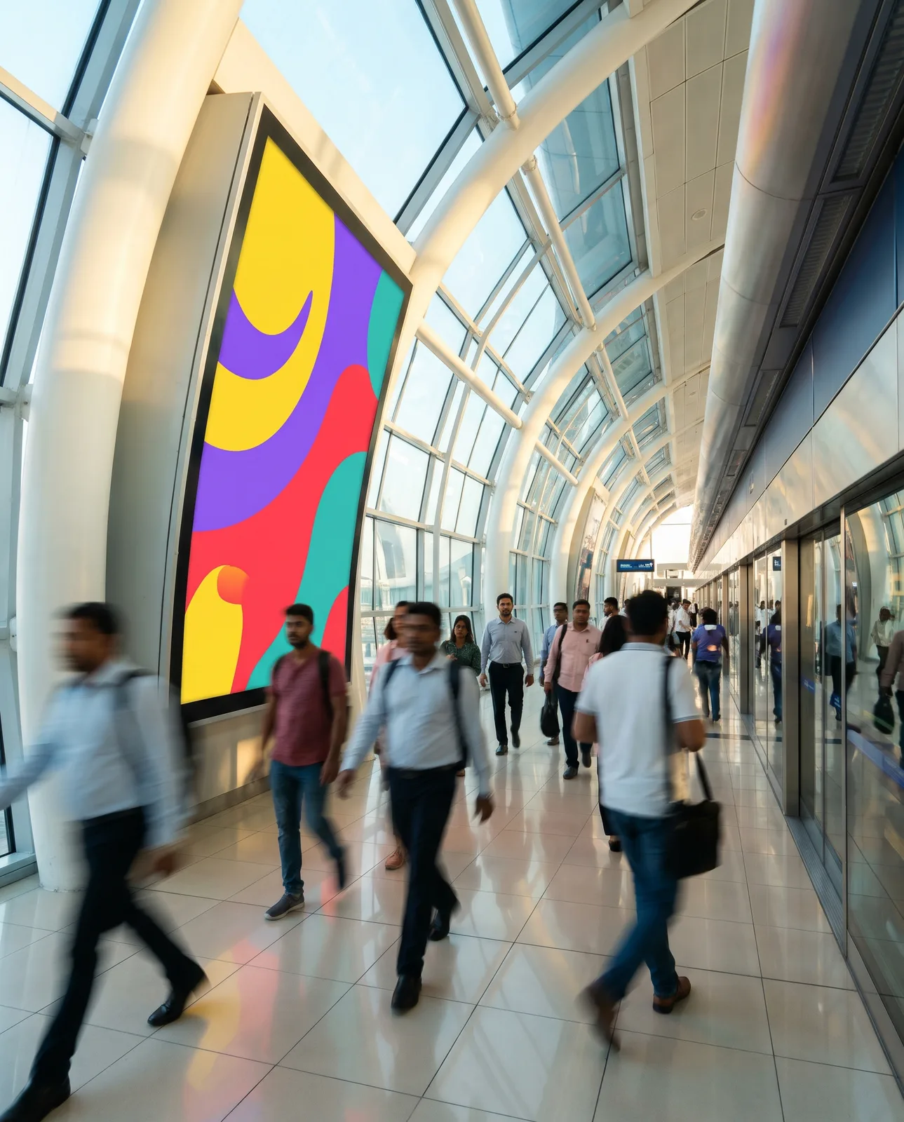 Large bold abstract festival poster in a light box on a bright Dubai Metro platform