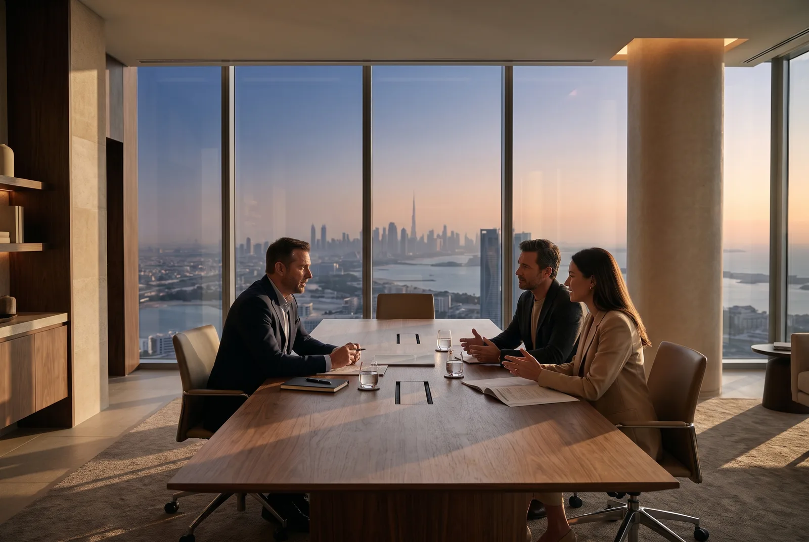 An advisor in conversation with two clients across a walnut table at sunset