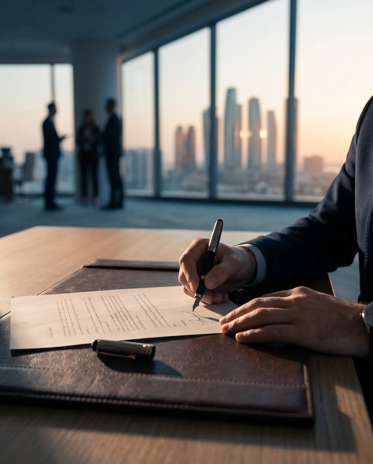 Hands signing papers beside a fountain pen in warm light