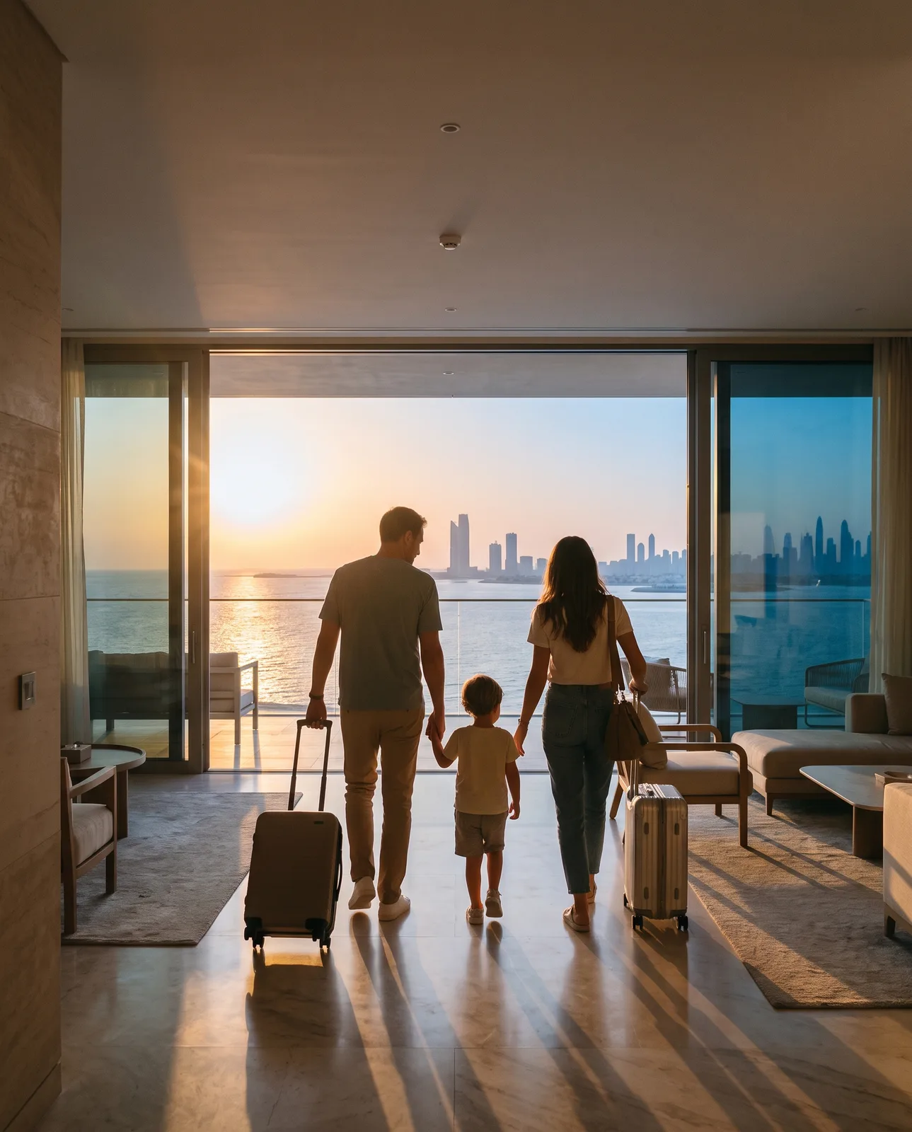 A family arriving with suitcases in an apartment overlooking the sea at sunset