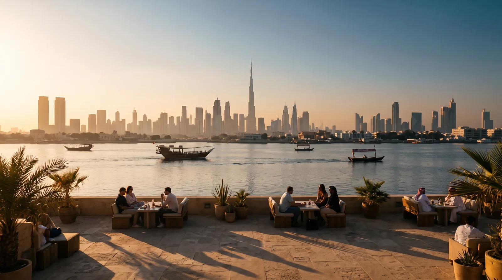 أفق دبي عبر الخور في ضوء الغروب الذهبي