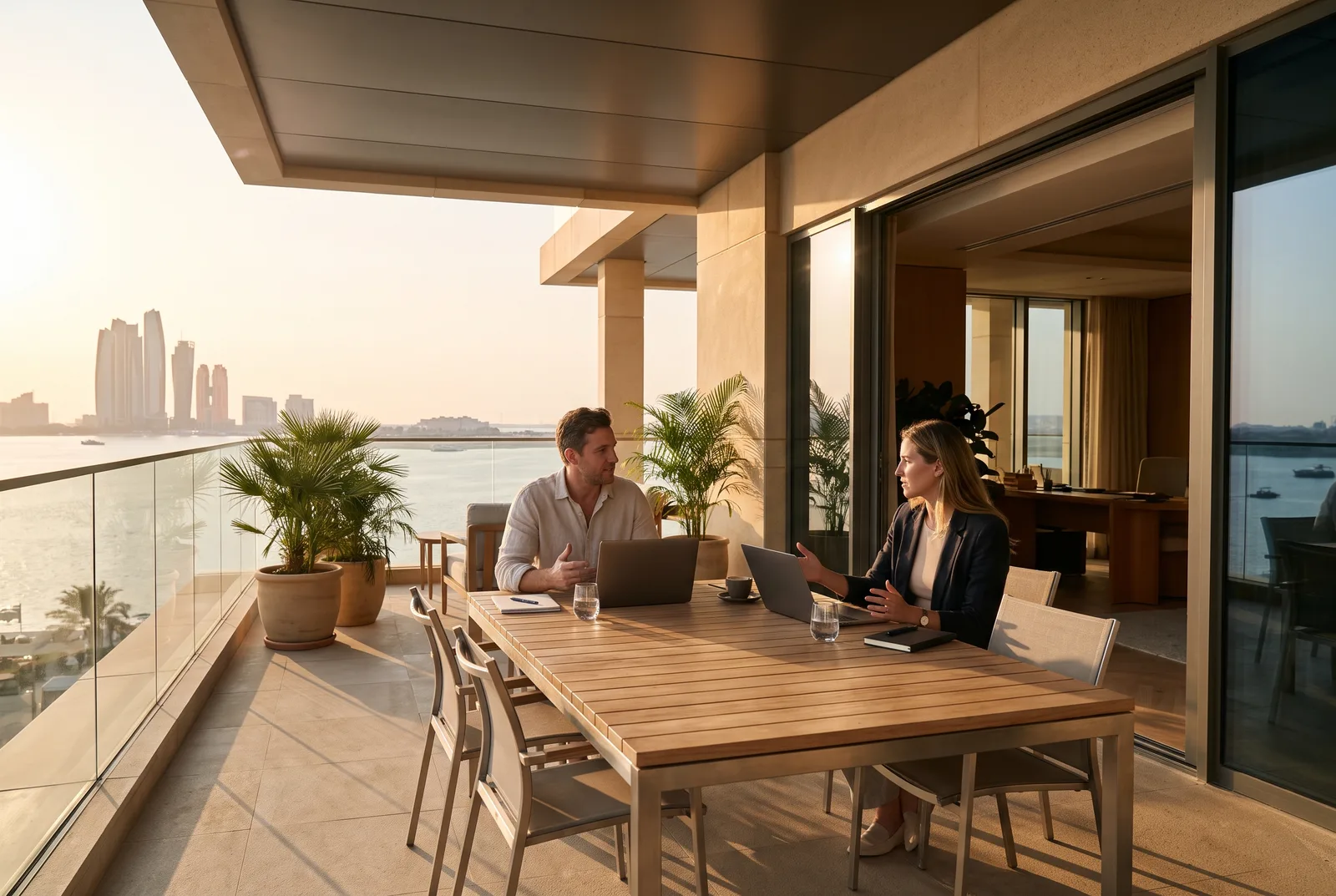 Two founders working on a balcony office at golden hour