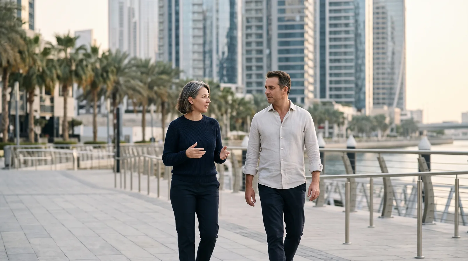 Lena walking and talking with a founder along the Dubai Water Canal