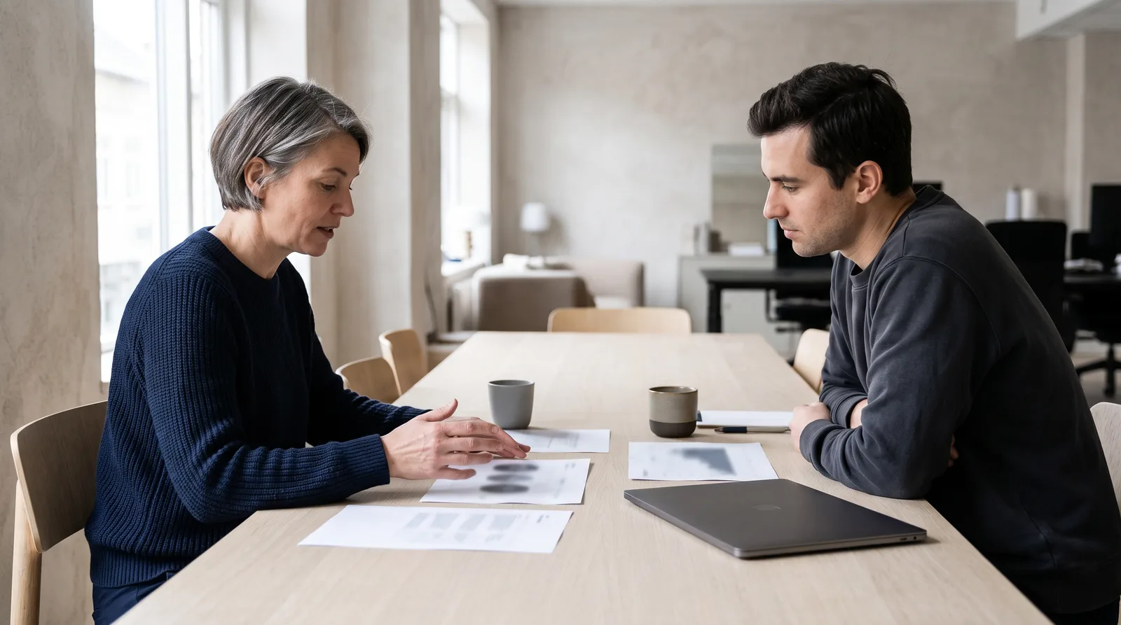 Lena and a founder reviewing printed charts at an oak table