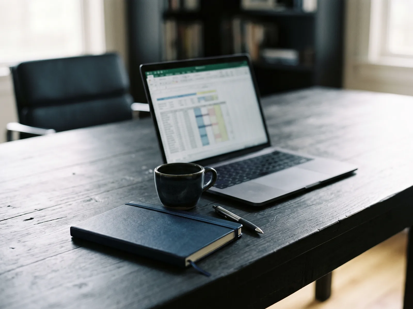 A laptop beside a coffee cup and a notebook on a dark table