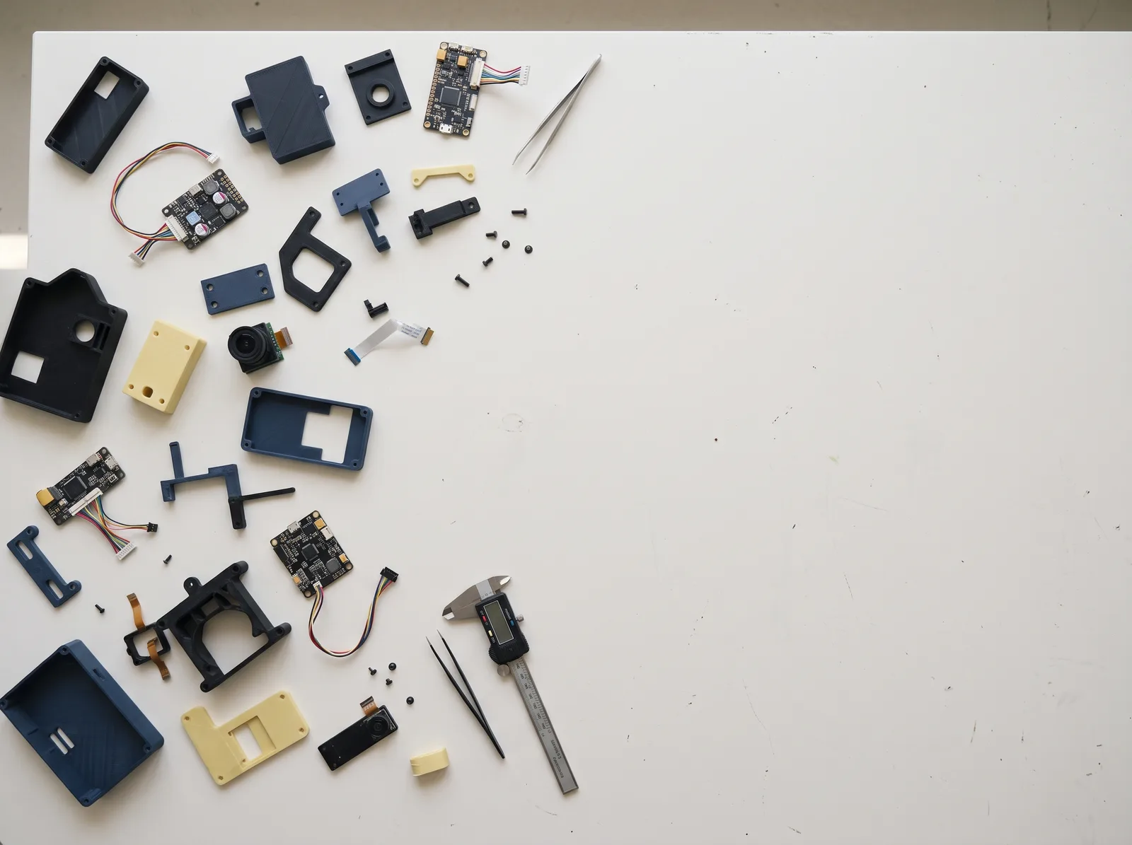 Kova prototypes and 3D-printed parts on a white workbench