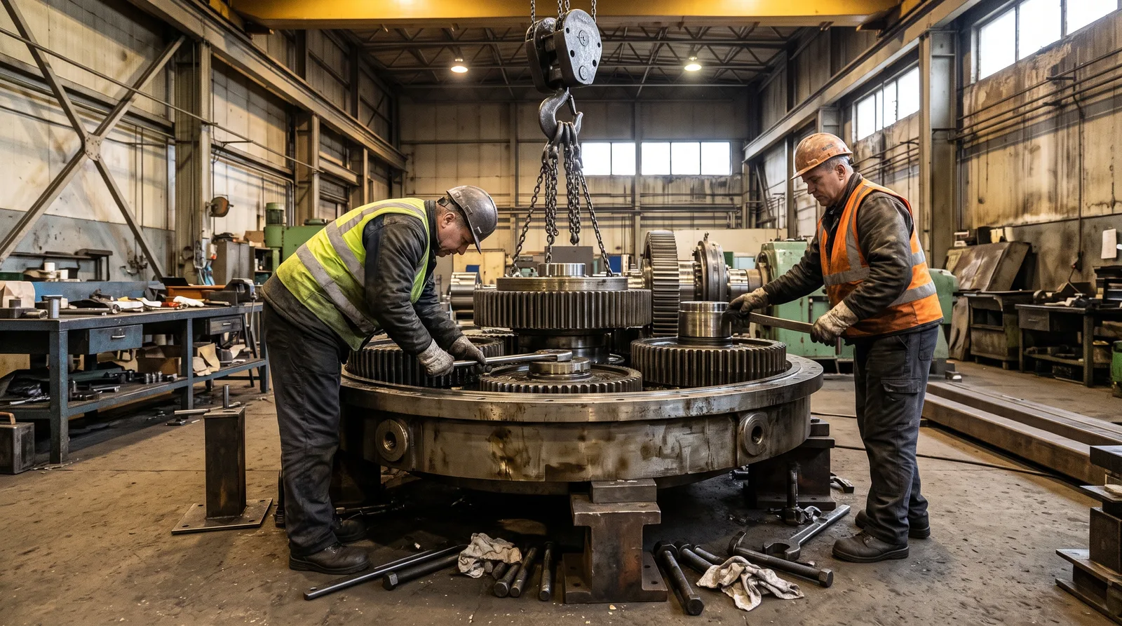 Technicians assembling a large planetary gearbox under an overhead crane