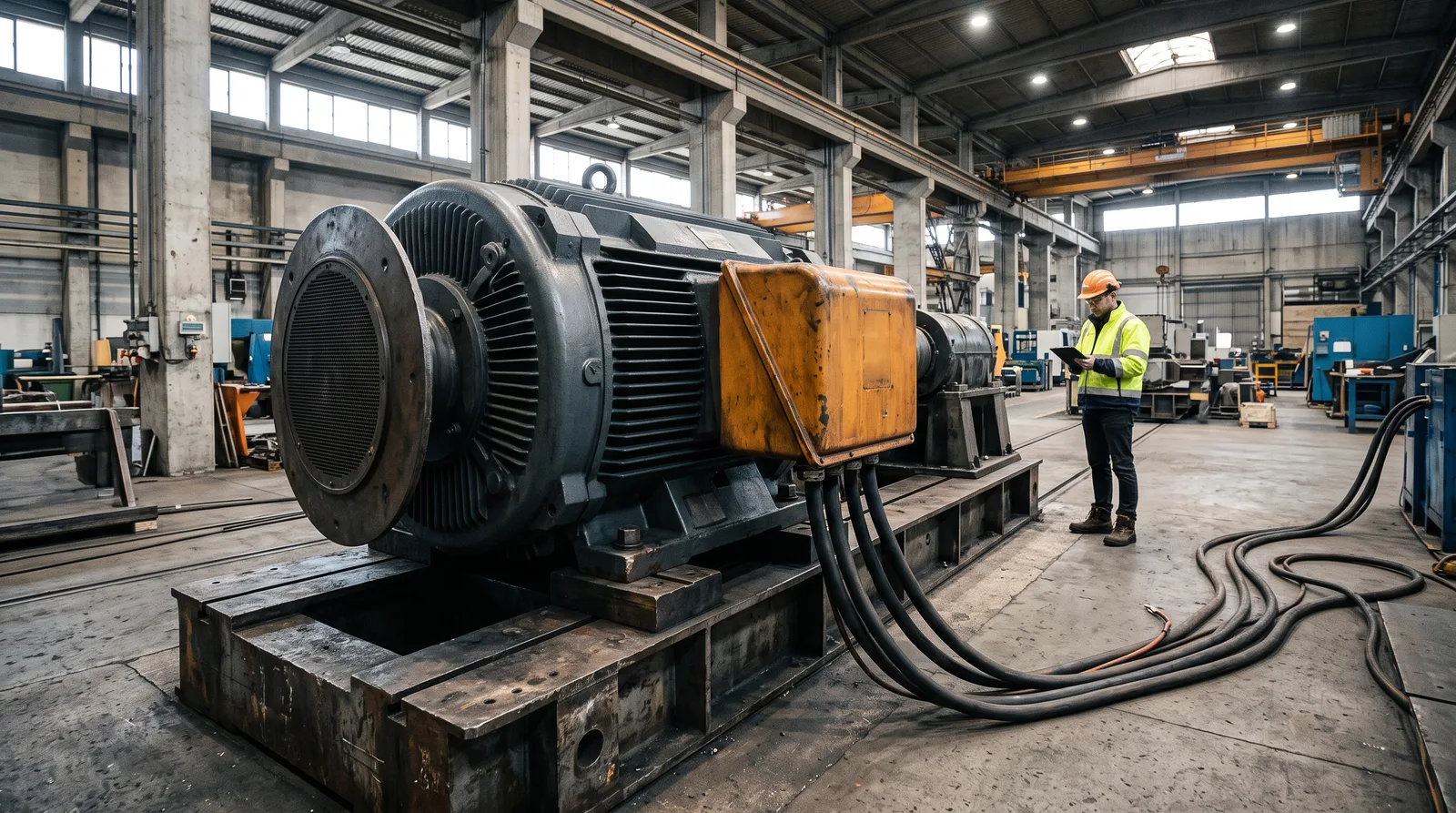 Large dark grey electric motor with an amber terminal box on a test bed in the Jebel Ali test bay