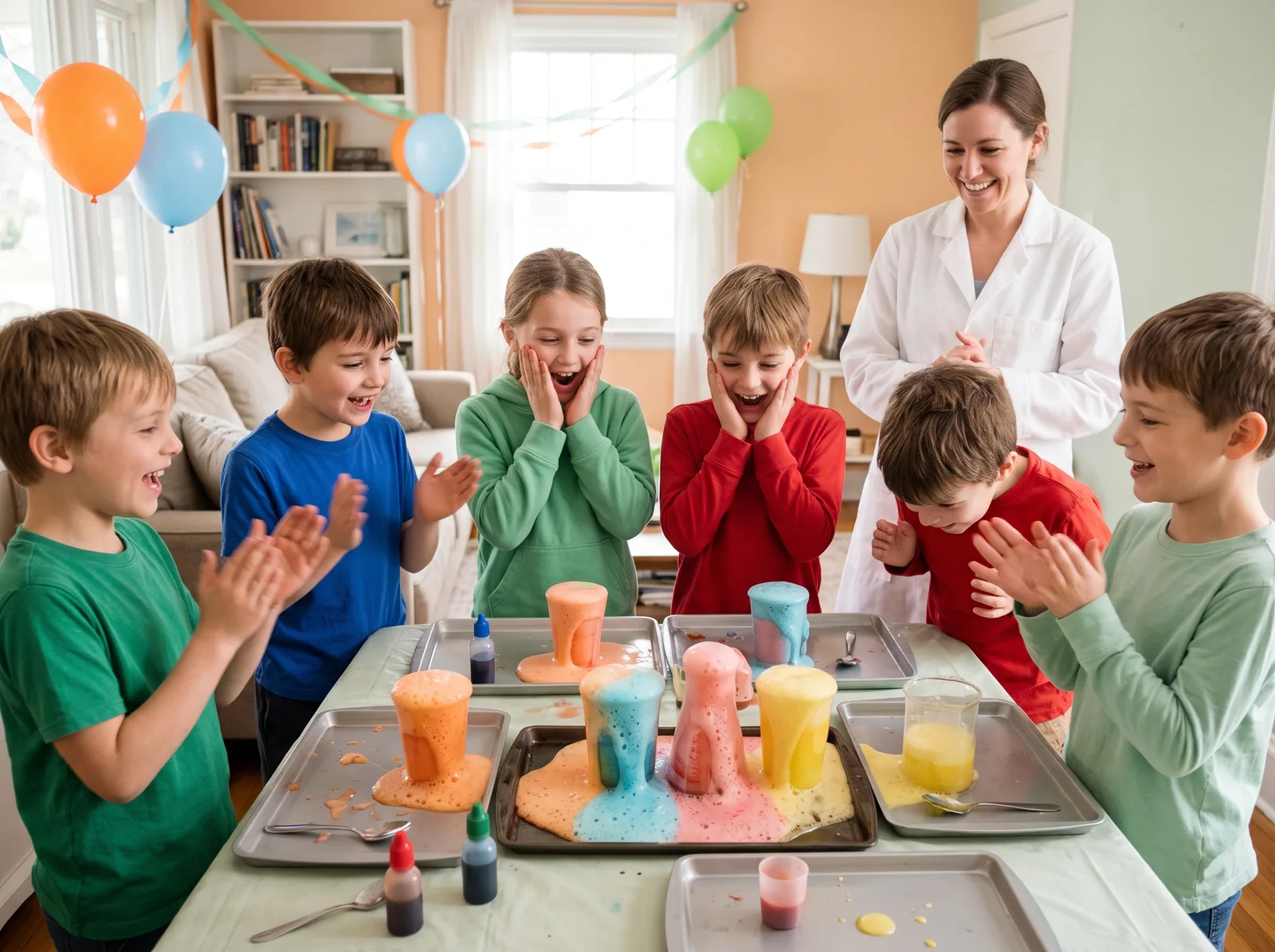 Children cheering around cups of colourful foam at a table indoors