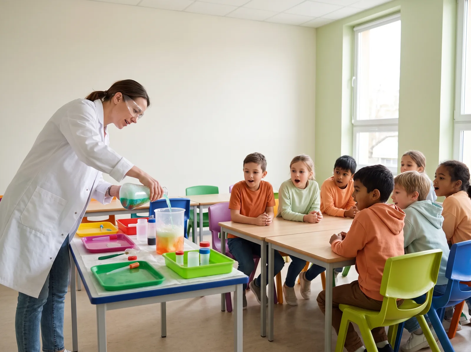 Club leader showing a classroom of children a fizzing experiment