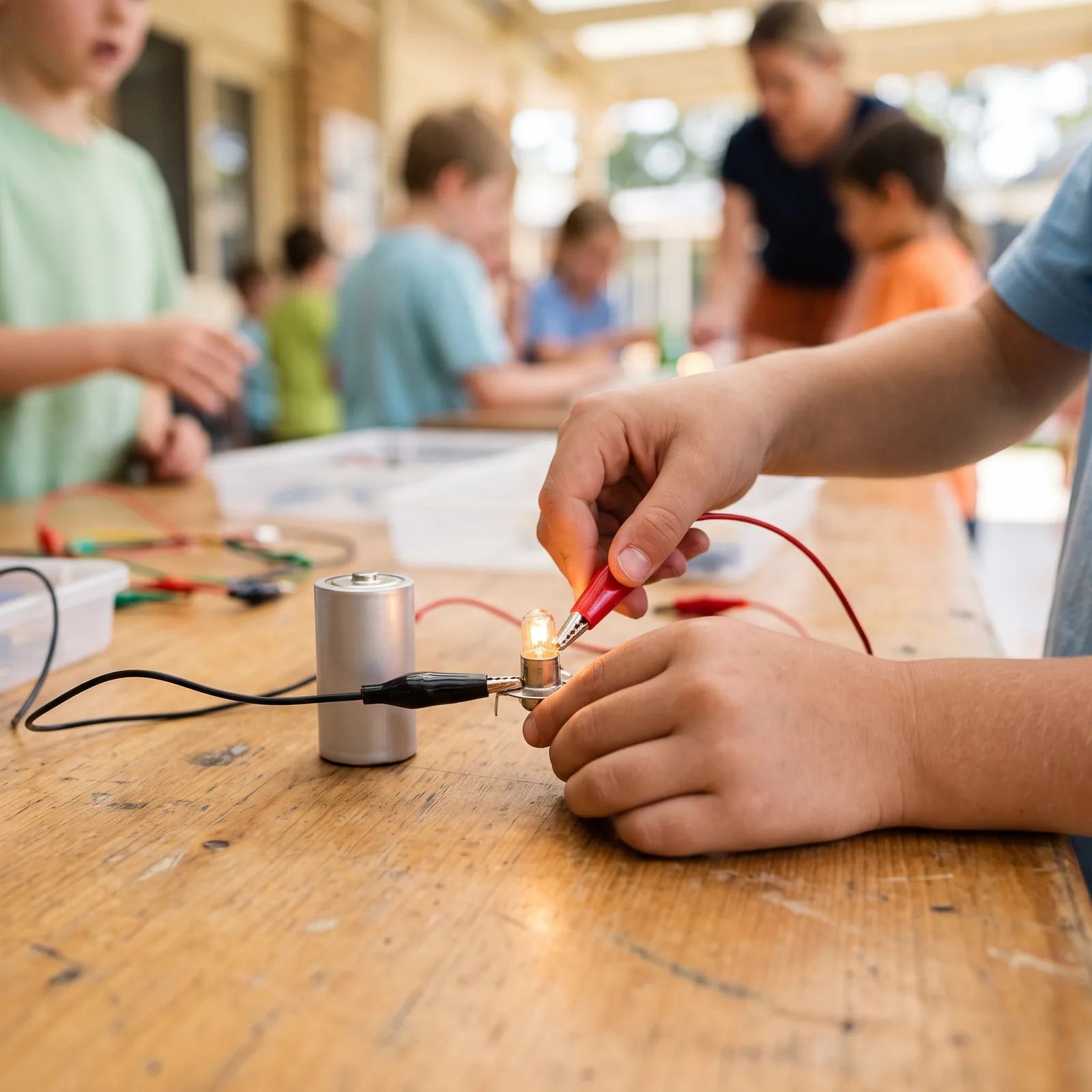 Child’s hands connecting a small bulb to a battery with crocodile clips