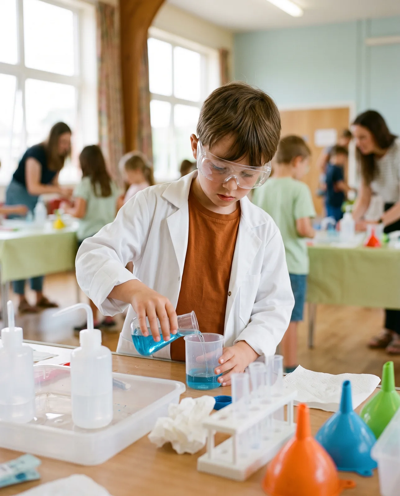 Child in safety goggles carefully pouring coloured water into a beaker