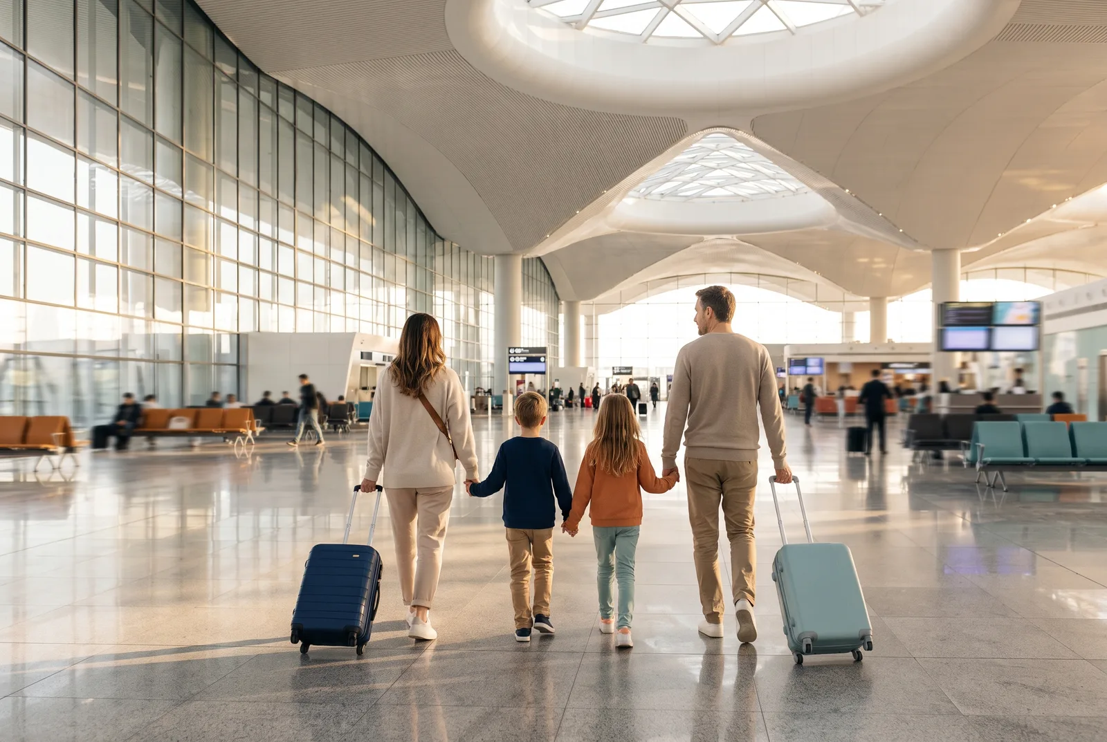 A family with suitcases walking through a bright, modern airport hall
