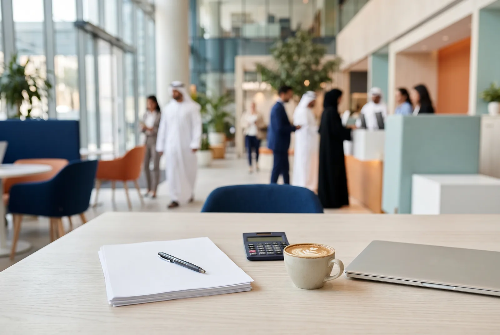 A calculator, a cup of coffee and a neat stack of papers on a wooden desk