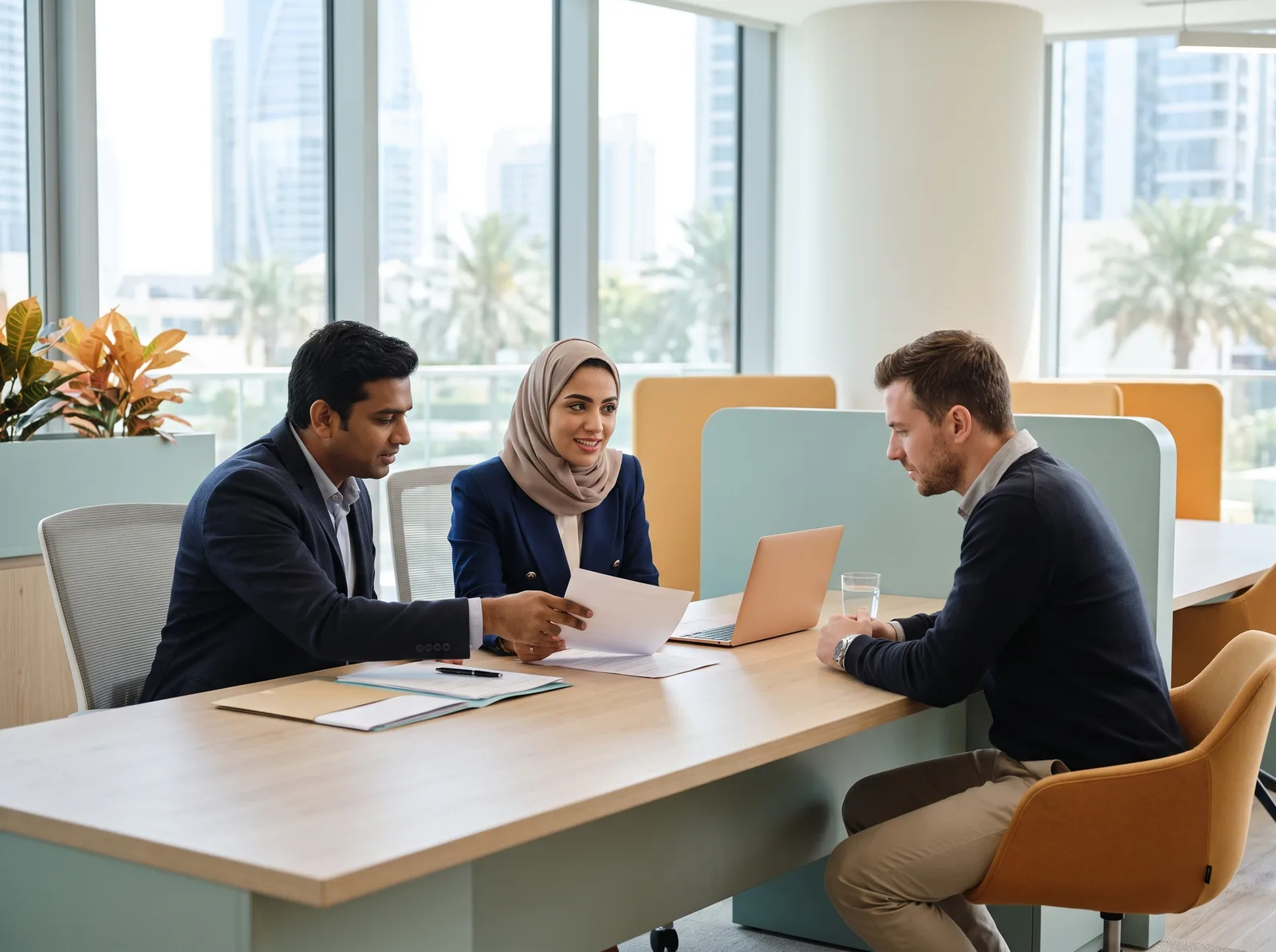 Two advisers going through documents with a client at a desk