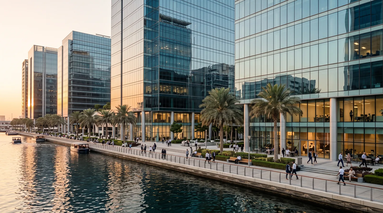 Towers along a canal in a modern business district at golden hour