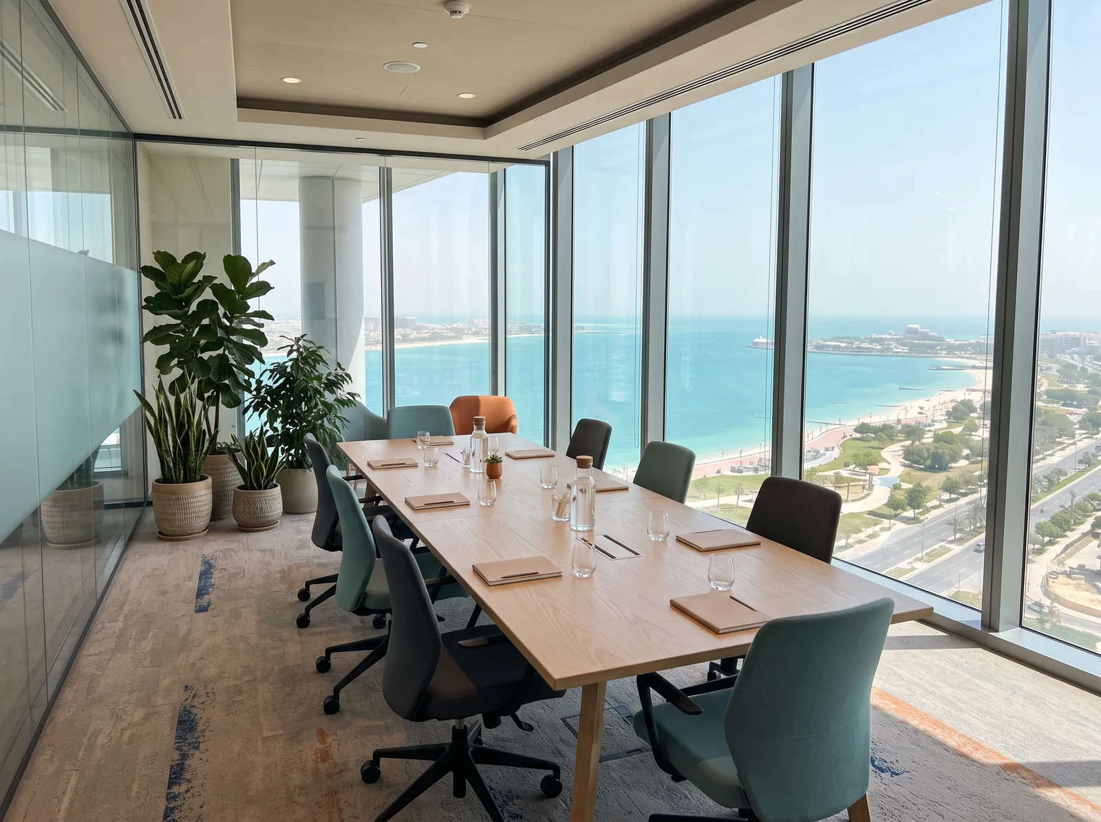 A meeting room in Tamam’s Abu Dhabi office with a view of the sea