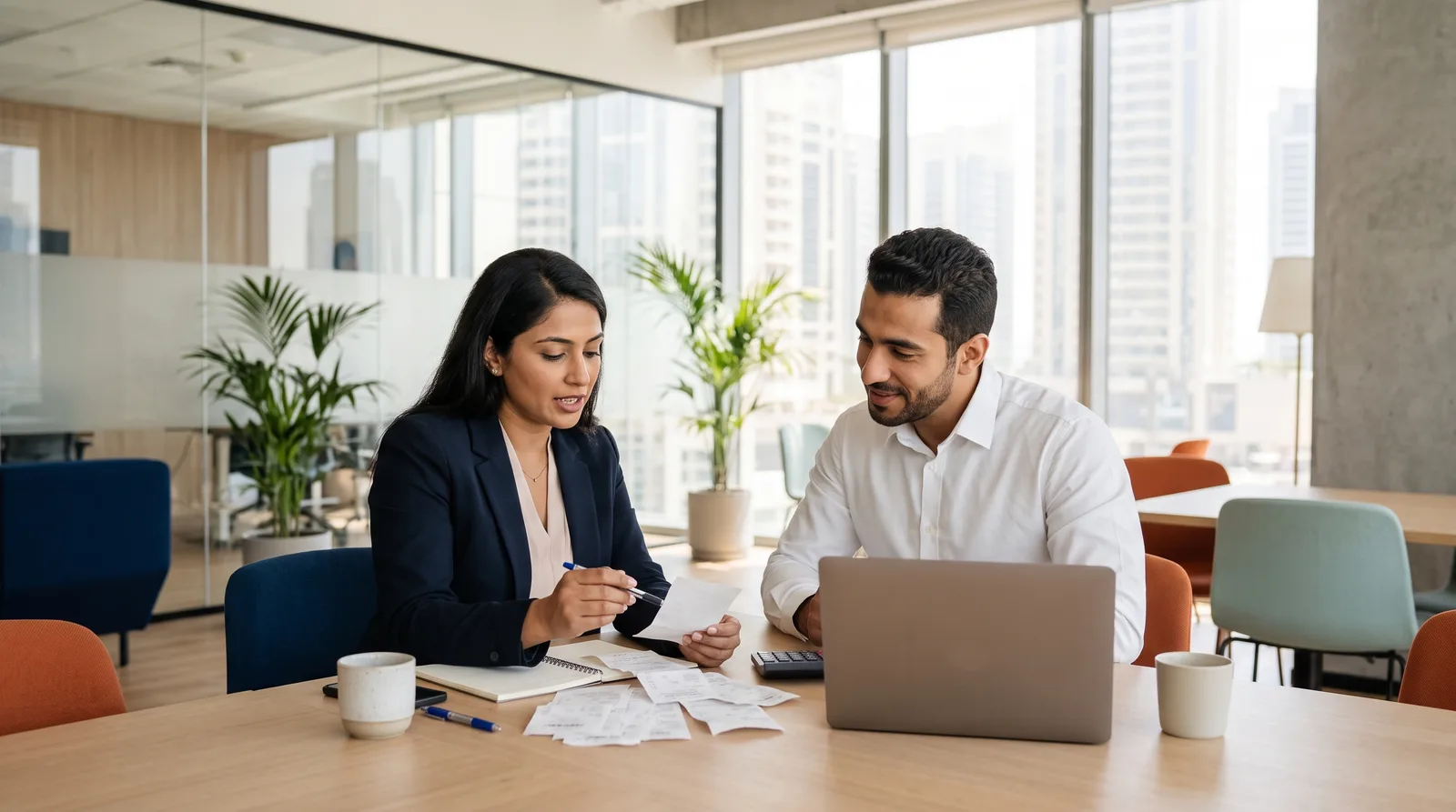 An accountant going through receipts and a laptop with a client
