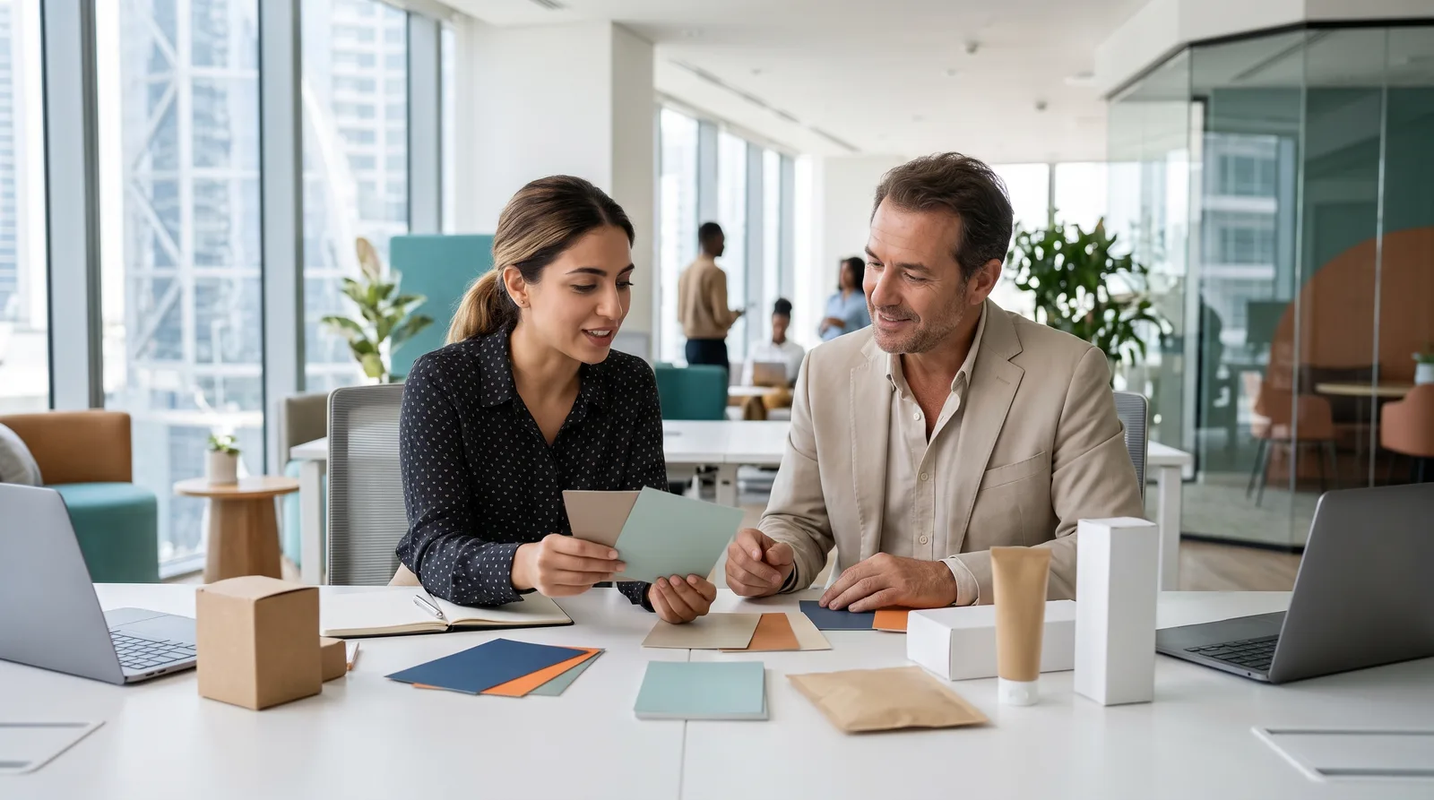 A founder and an adviser comparing colour swatches and packaging samples on a desk