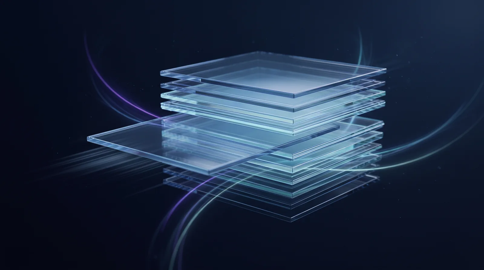 Translucent glass panels sliding into a stack, lit by violet and cyan trails