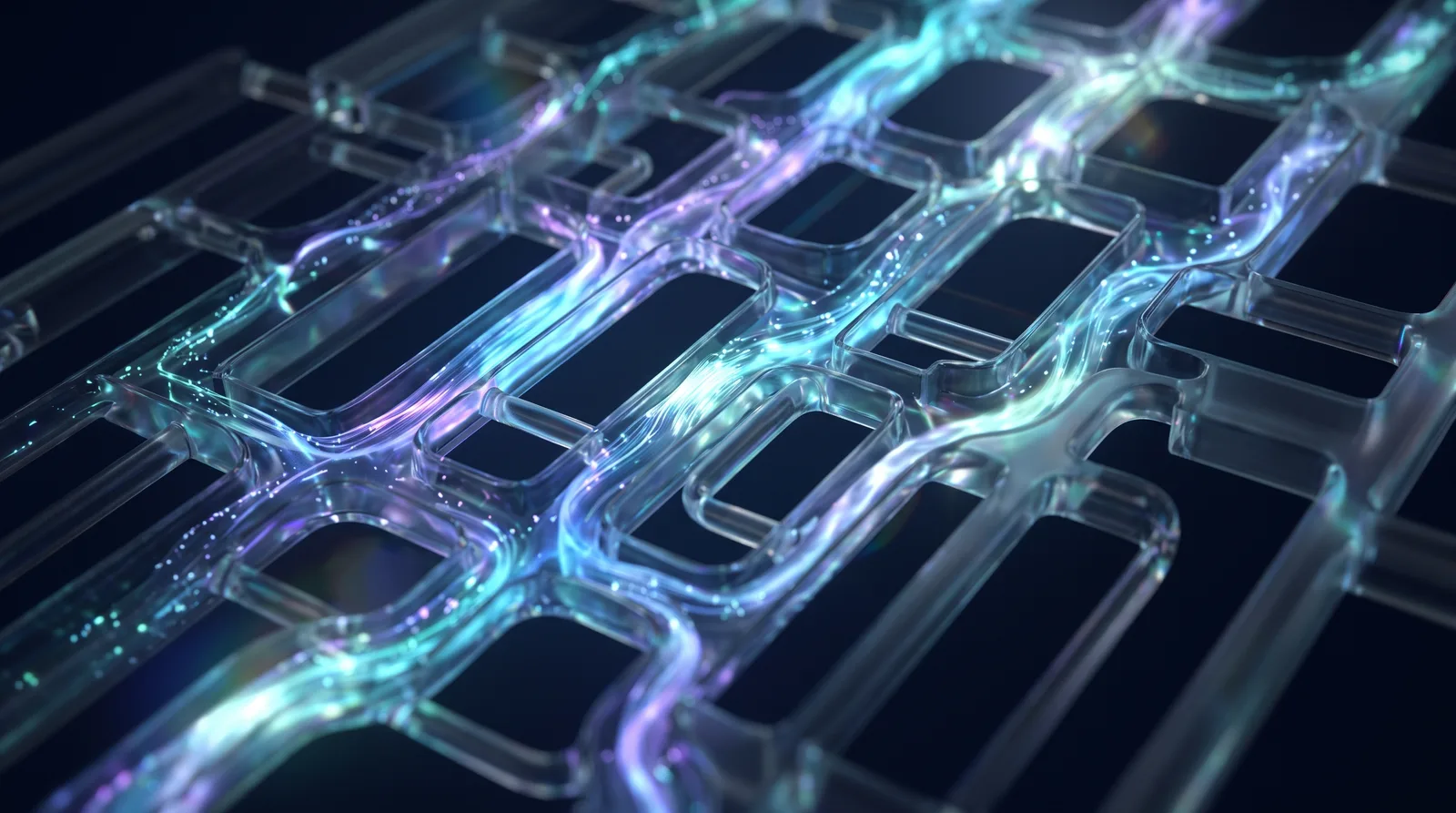 Streams of light flowing steadily through a glass lattice