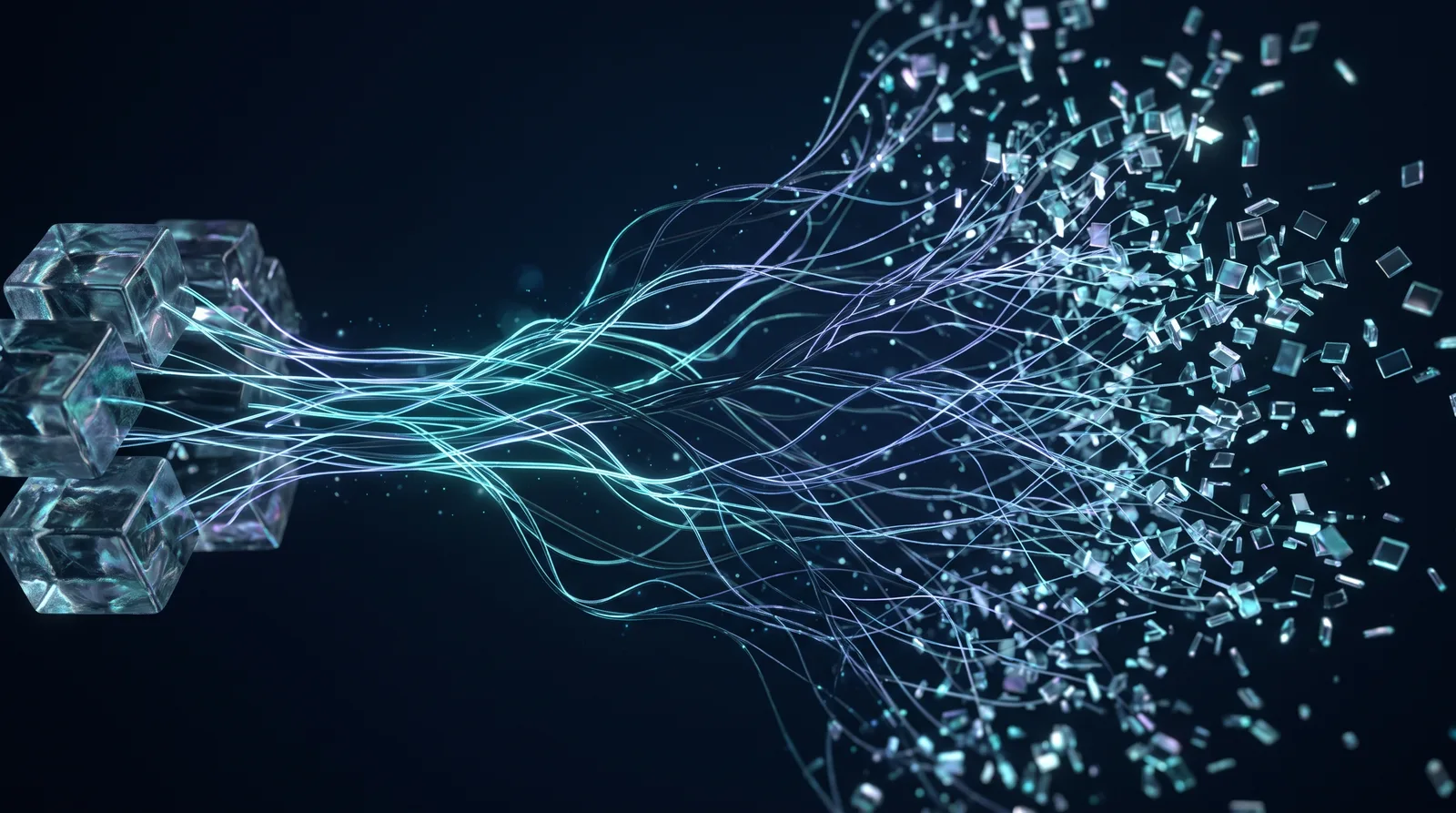 Thin light filaments branching from a few glass blocks into many small tiles