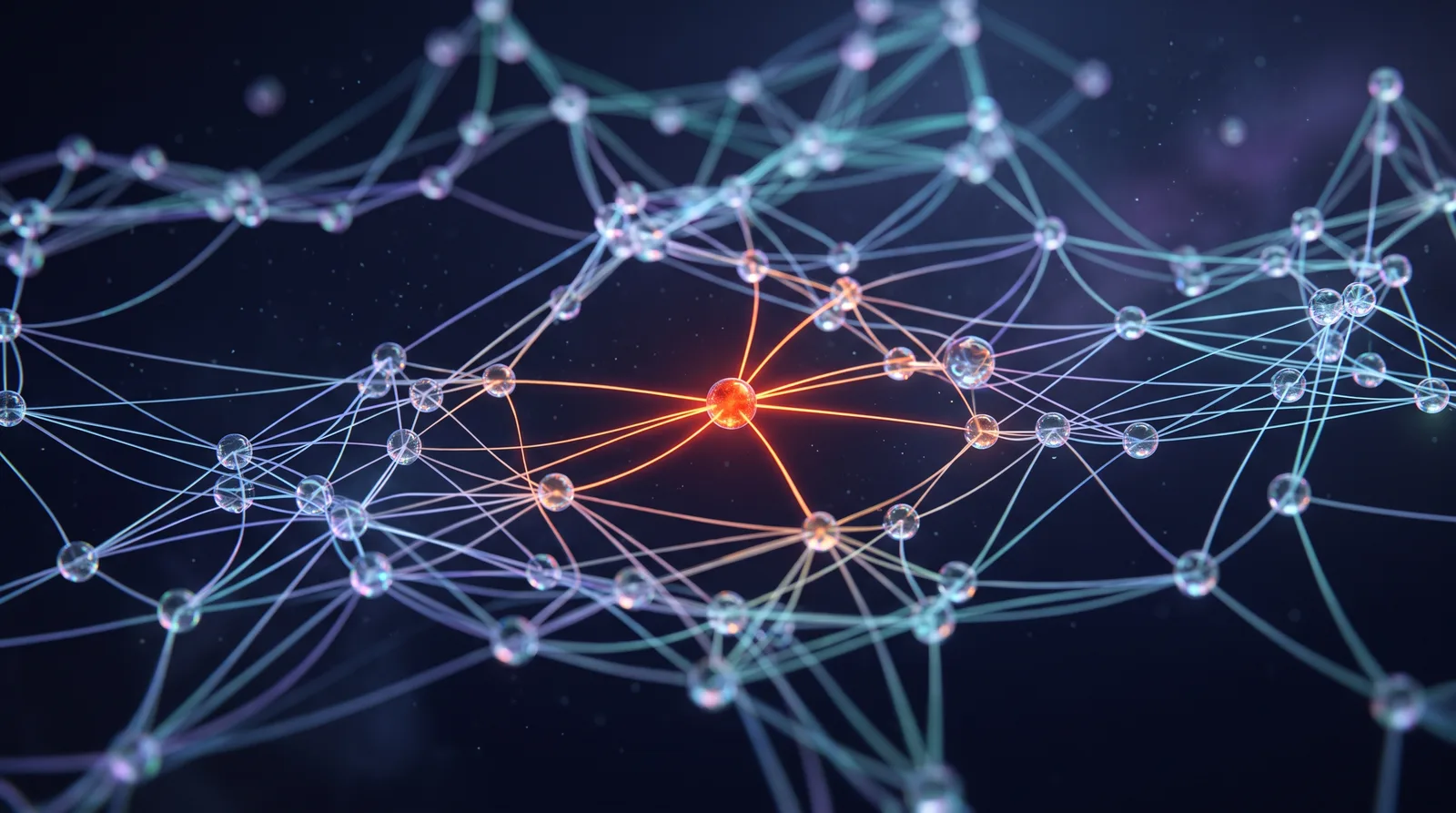 Network of glass nodes joined by light trails, one node glowing red